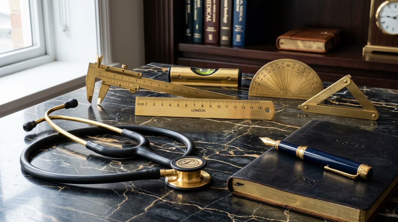 Instrumentos de medição dourados sobre mármore escuro representando indicadores de clínica