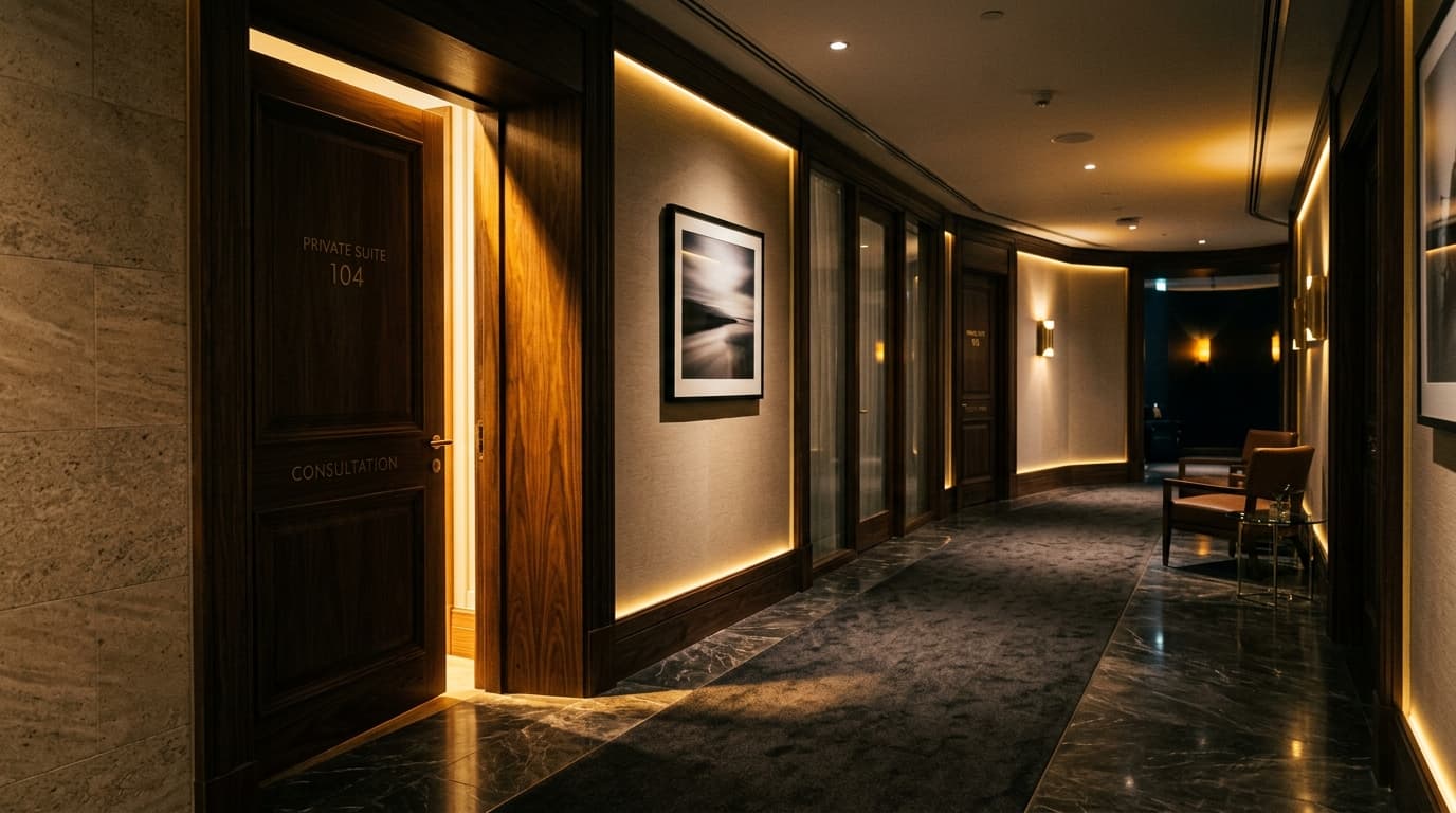 Corredor de clínica premium com iluminação dramática dourada