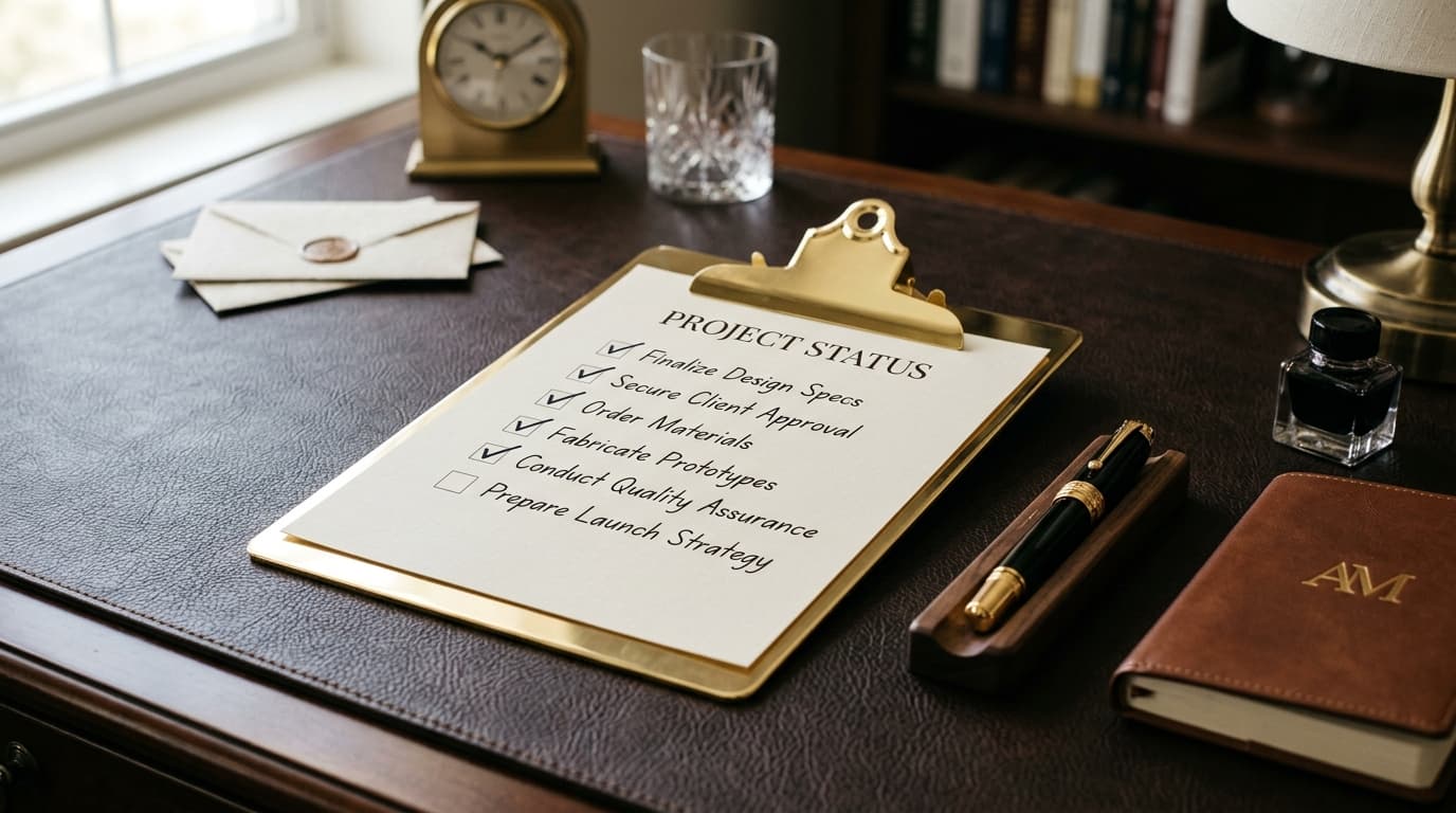 Clipboard dourado com checklist sobre mesa de couro premium