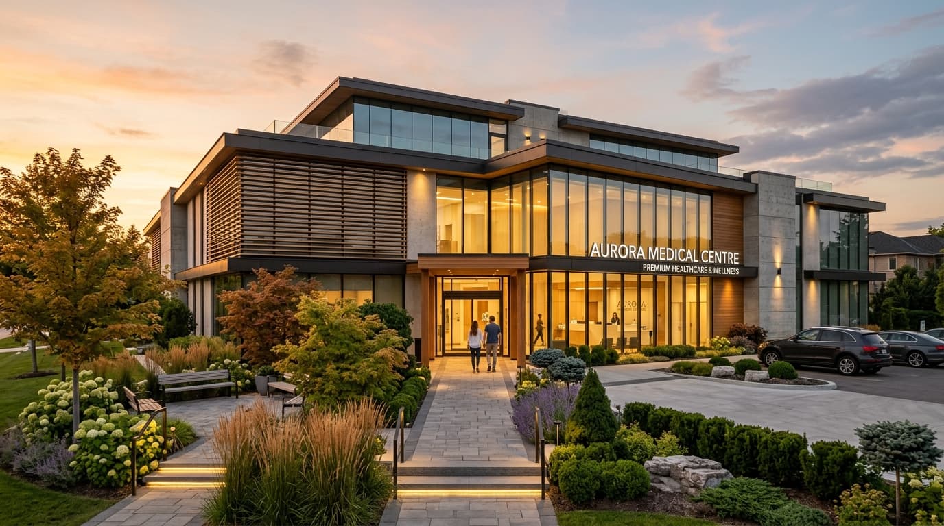 Exterior de clínica médica premium ao entardecer com iluminação dourada