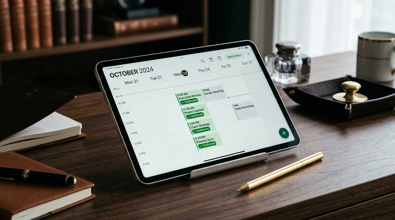 Tablet com calendário de consultas confirmadas e caneta dourada