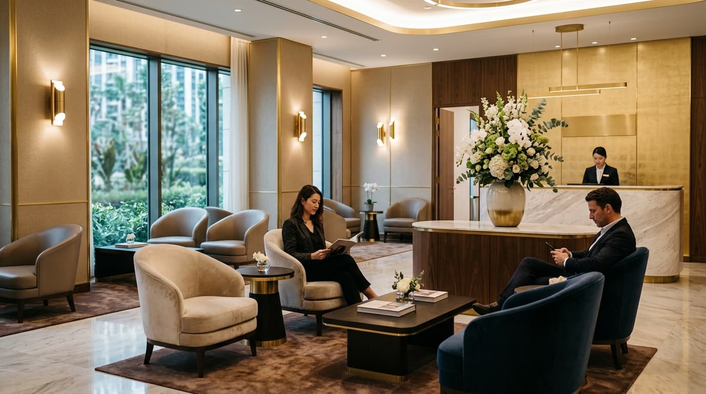 Sala de espera de clínica inspirada em lobby de hotel cinco estrelas