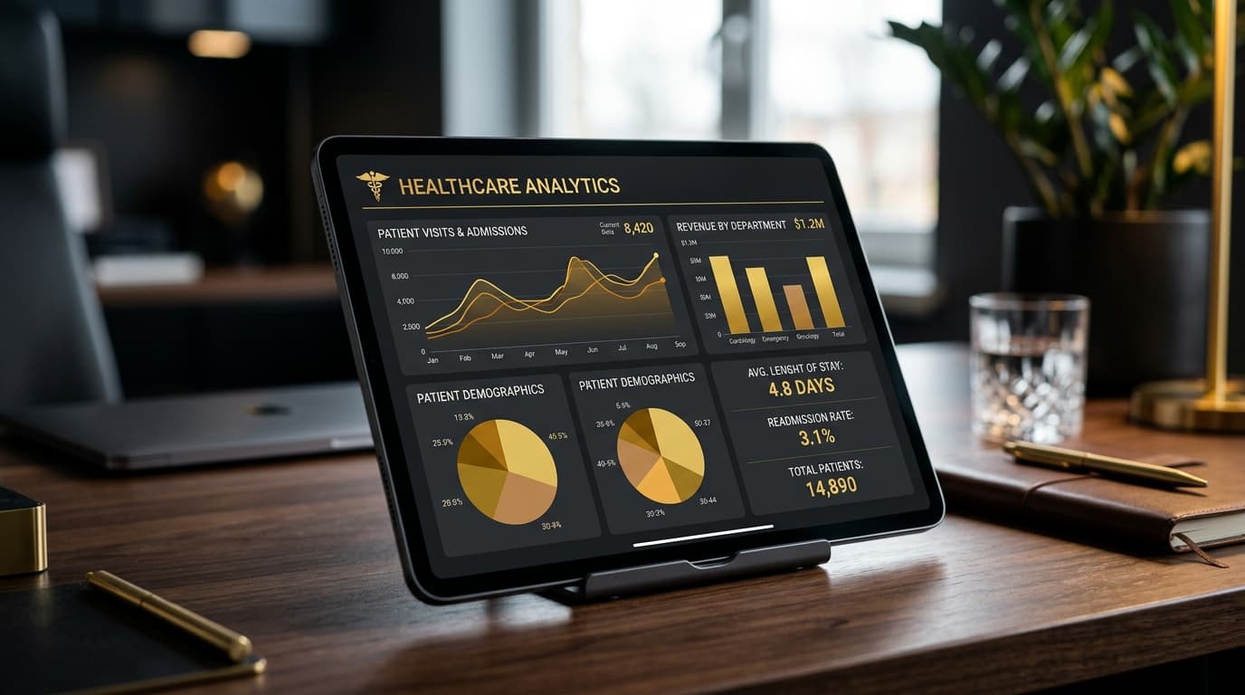 Dashboard de analytics de saúde em tablet com gráficos dourados
