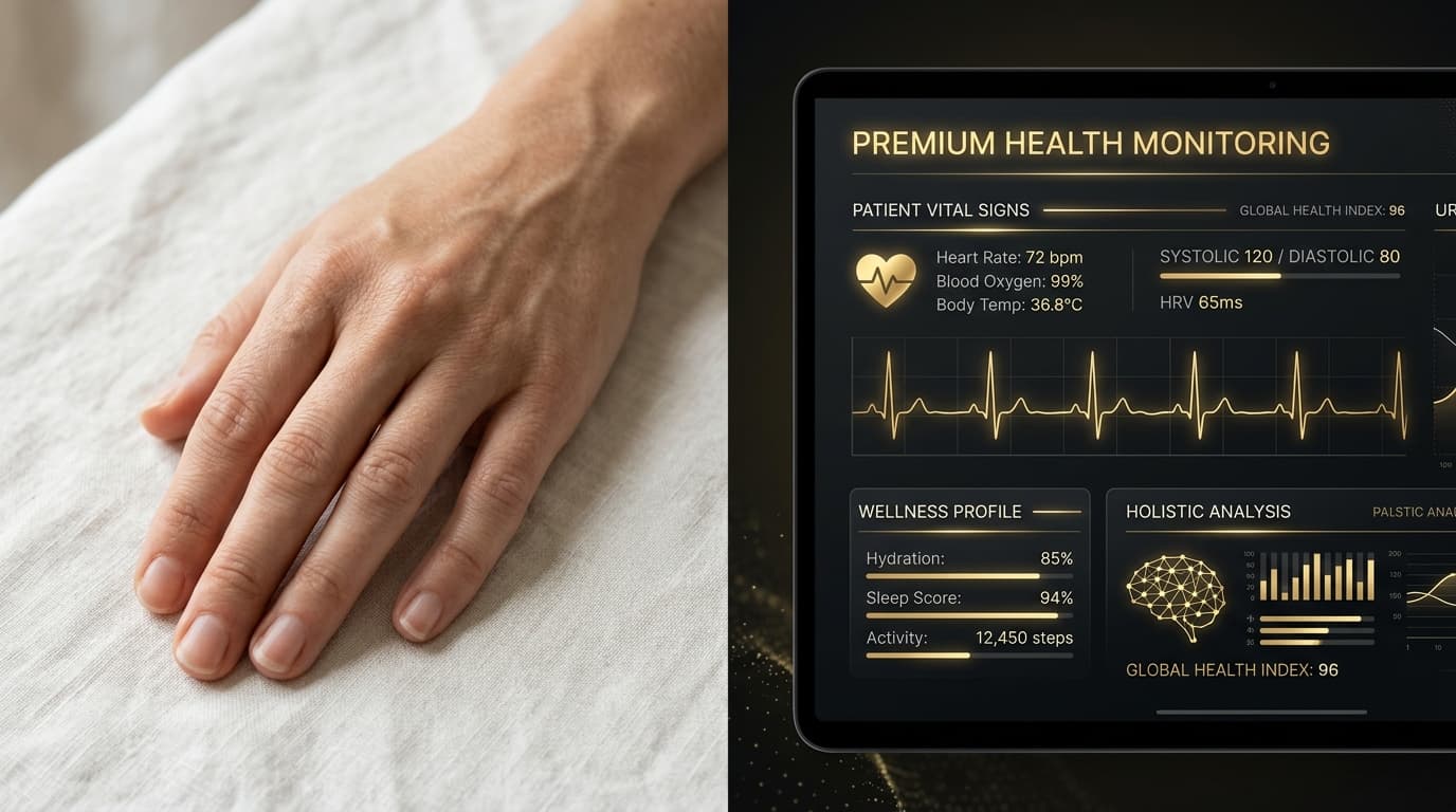 Composição visual comparando atendimento humano e interface digital com acentos dourados