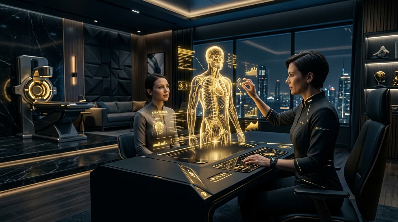Sala de consulta médica futurista com interface holográfica dourada