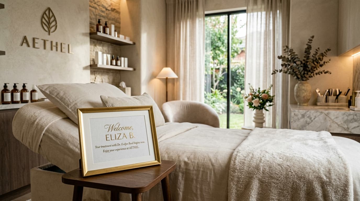 Sala de tratamento estético premium com cartão personalizado em moldura dourada