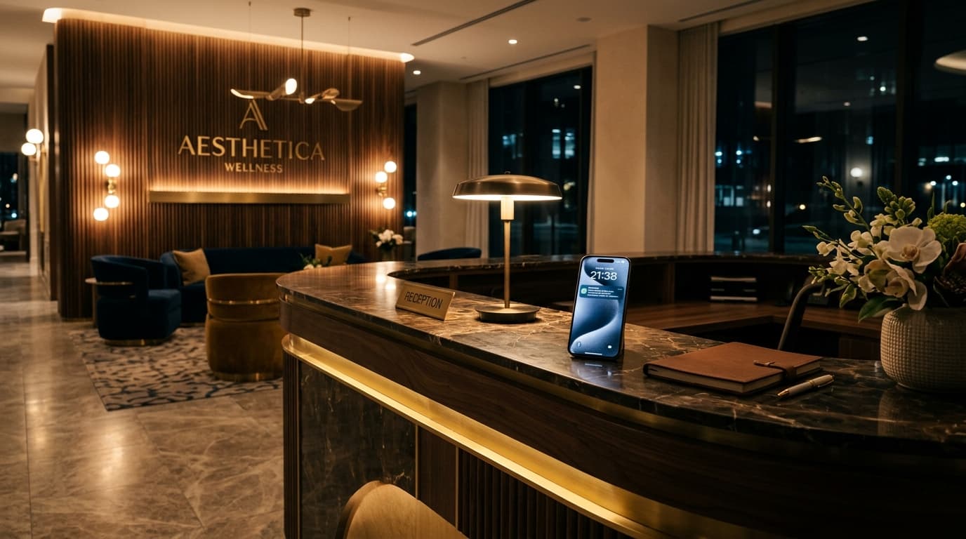 Recepção de clínica premium à noite com iluminação dourada e notificação WhatsApp
