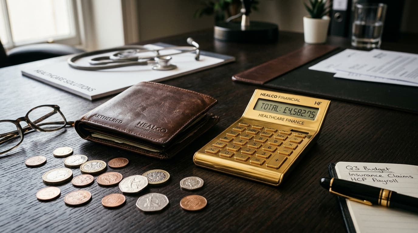 Calculadora dourada e carteira de couro premium sobre mesa escura