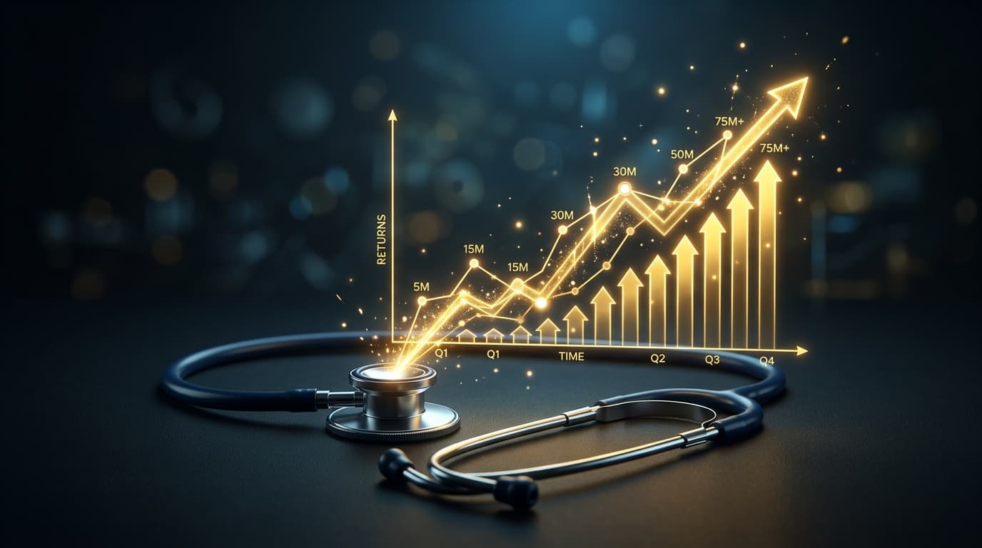 Gráfico dourado em tendência de alta emergindo de estetoscópio premium